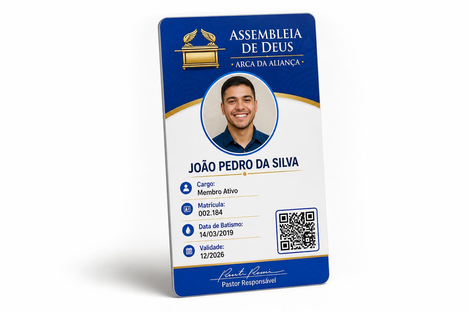 Carteirinha digital de membro com foto, QR Code e identidade visual da igreja