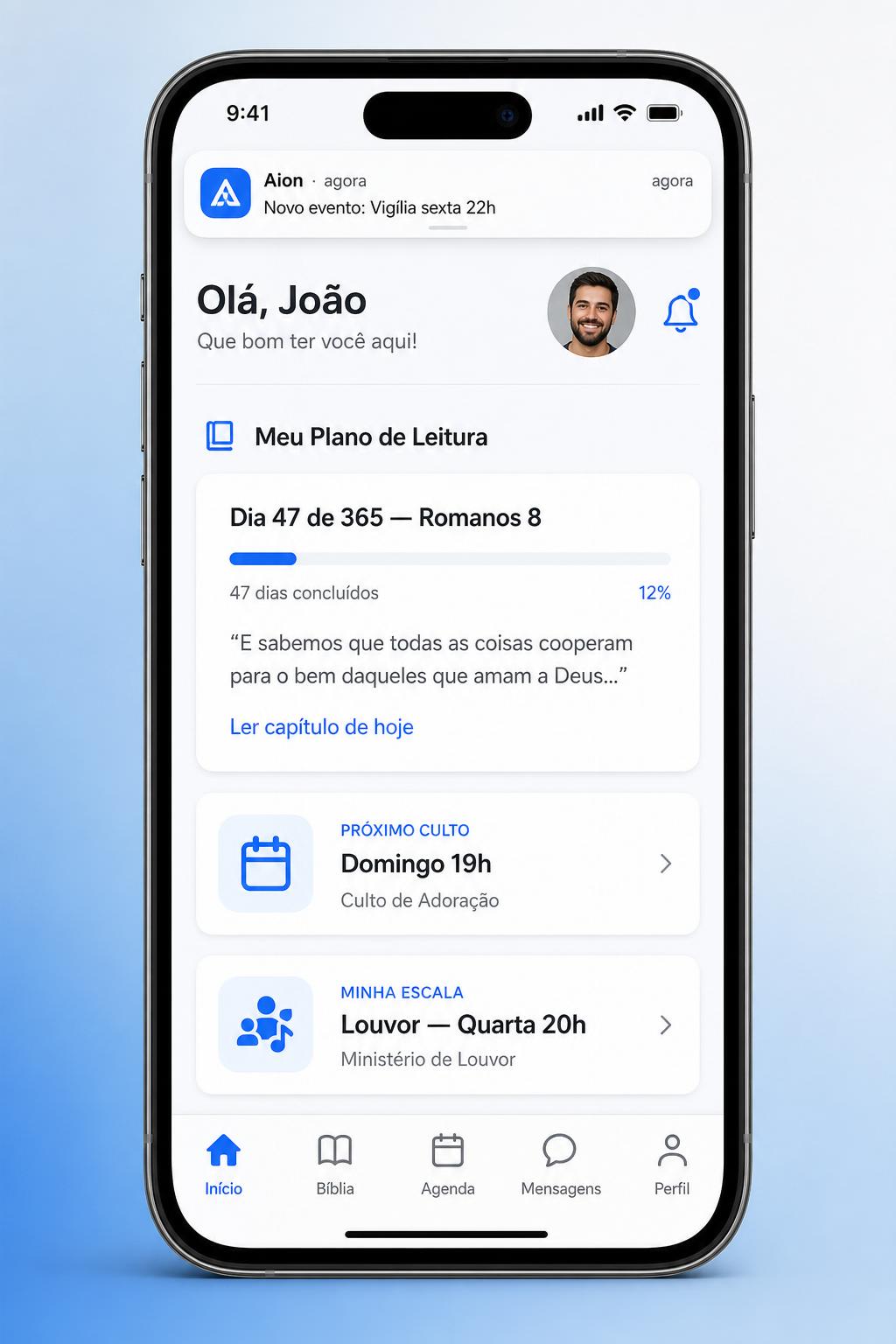 App do membro Aion no celular mostrando plano de leitura, escala de culto e notificações